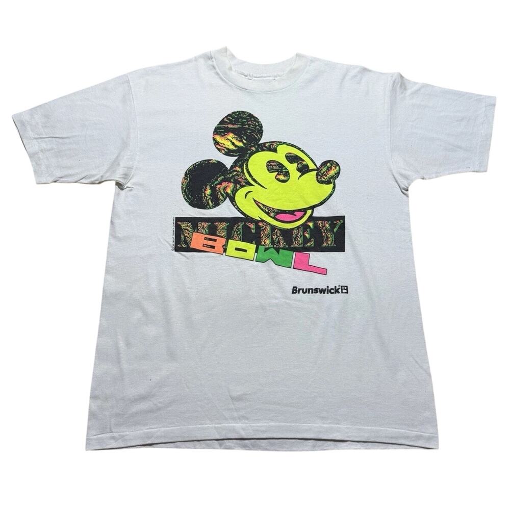Vintage Brunswick Mickey Mouse Bowling T-Shirt USA Large Neon Disney Single Tee